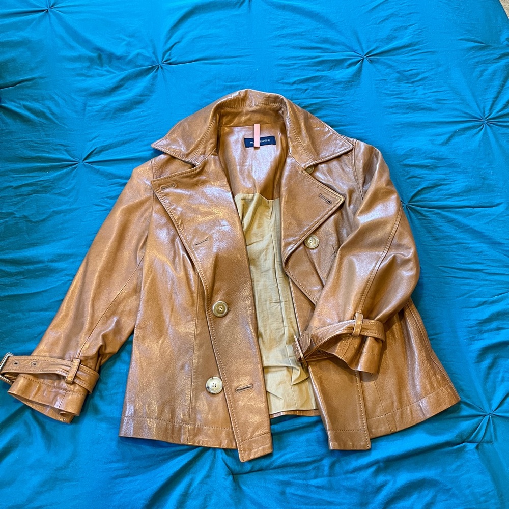 Tan leather jacket with 3/4 length sleeves - MED